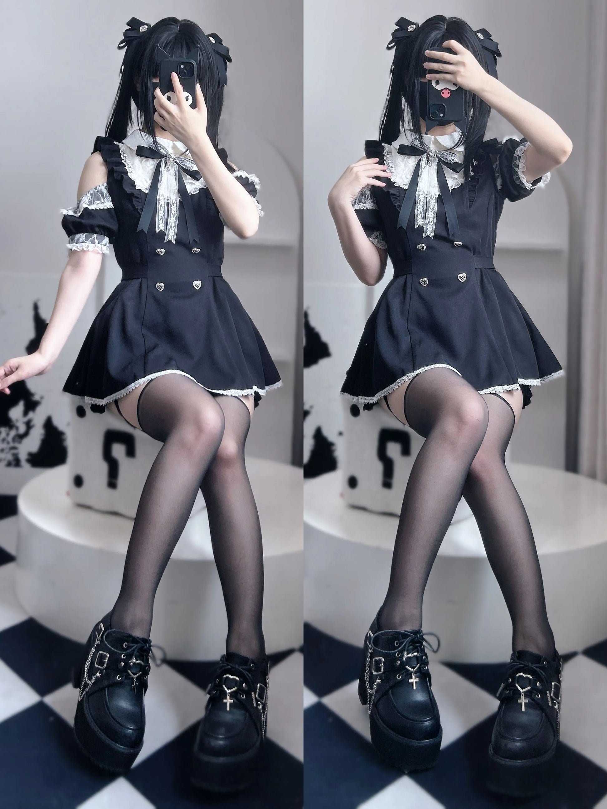 Jirai Kei Set Short-sleeved Lace Dress And Shorts 37850:571256