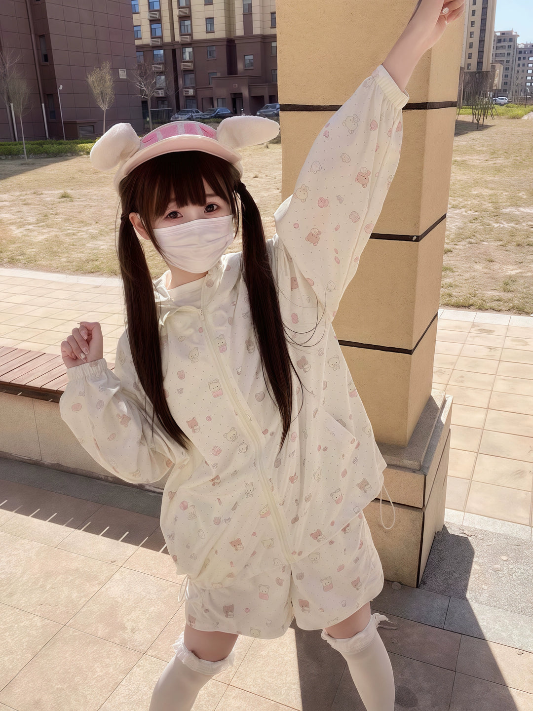 Kawaii Hooded Sunscreen Jacket with Cat Ears & Animal Prints 42905:759087