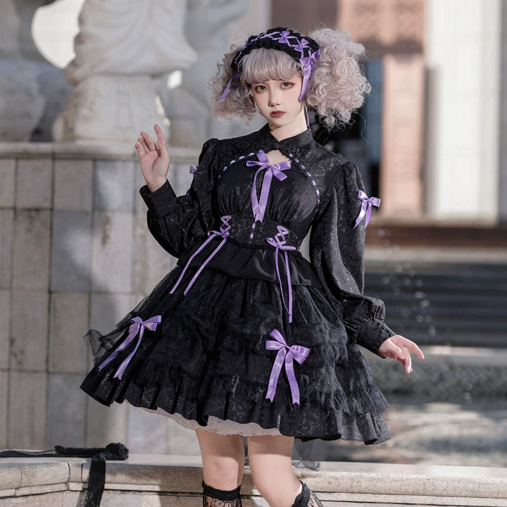 Classic Lolita Dress With Tieried Skirt Hem And Bows Detail (L M S XL) 32086:381942