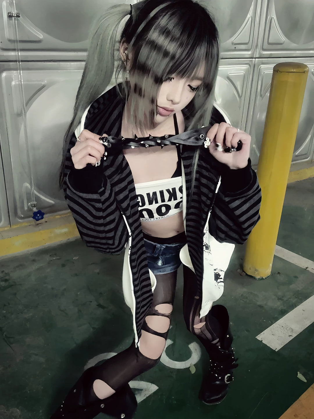 Subculture Hooded Scythe Print Coat, Side Pocket 45269:844130