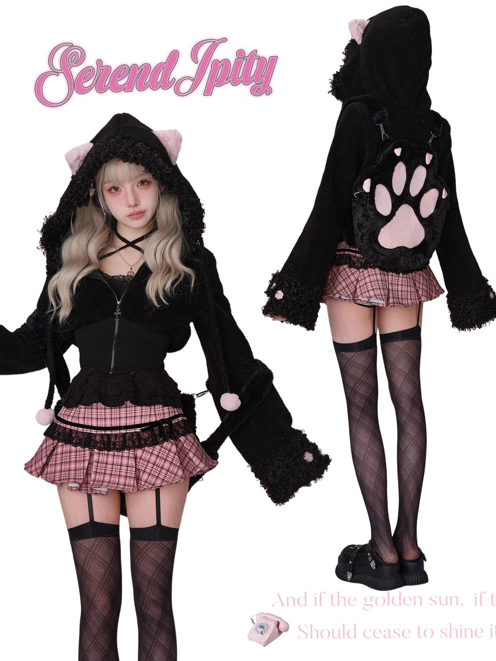 Punk Black Coat Gyaru Fashion Pink Plaid Mini Skirt Camisole 41124:692096