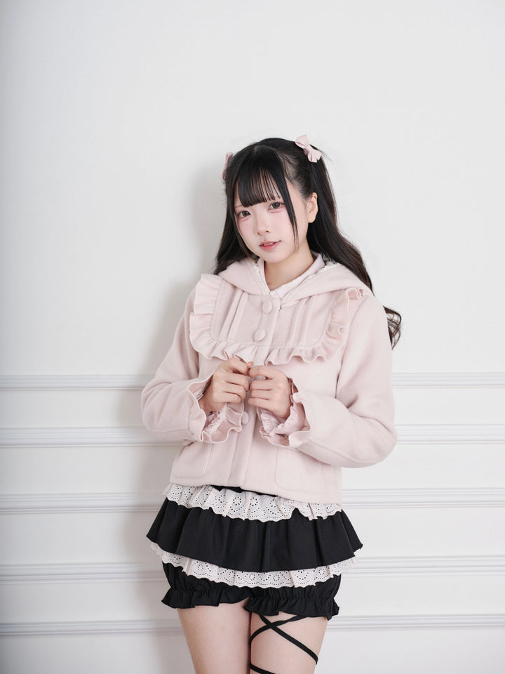 Ryousangata Hooded Solid Coat, Ruffled Neckline 45955:870339