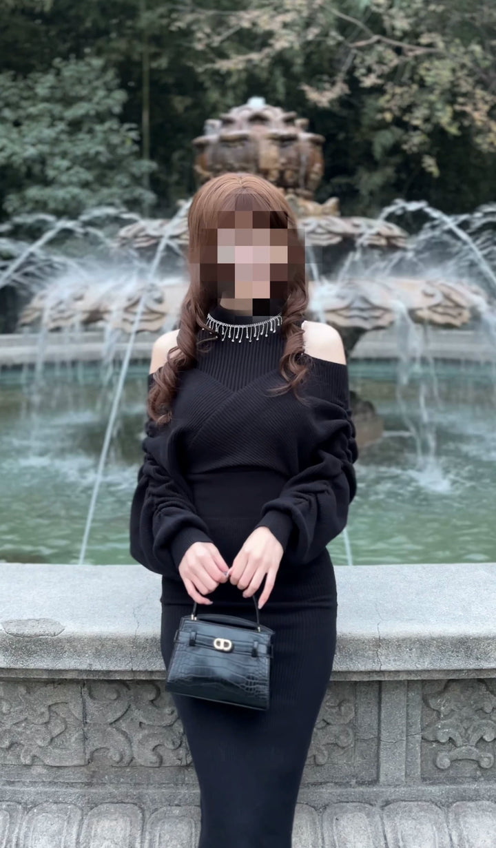 Seiso Kei Knitted Bodycon Dress, Open Shoulder (L M / Black) 44514:810768