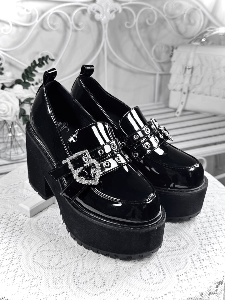 Punk Slip-on Platform Shoes, Heart Rhinestone Buckle Strap (Black / 34 35 36 37 38 39 40 41) 45864:867052