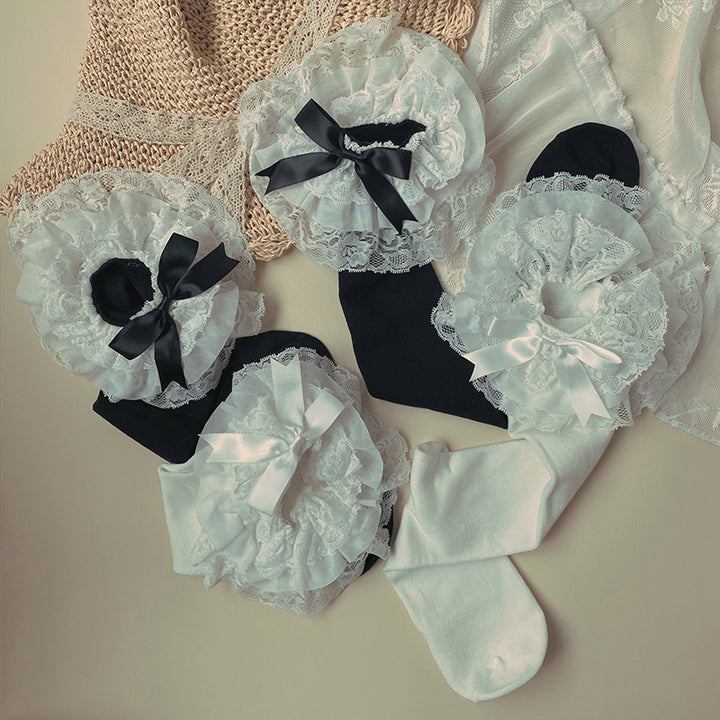 Lolita Socks Layers Lace Frill Cotton Mid-Calf Socks With Bows 42243:733459