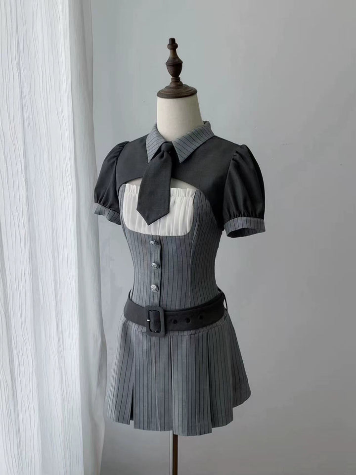 Jirai Kei Gray Striped Dress, Puff Sleeve Bolero (L M S XL) 44808:829278