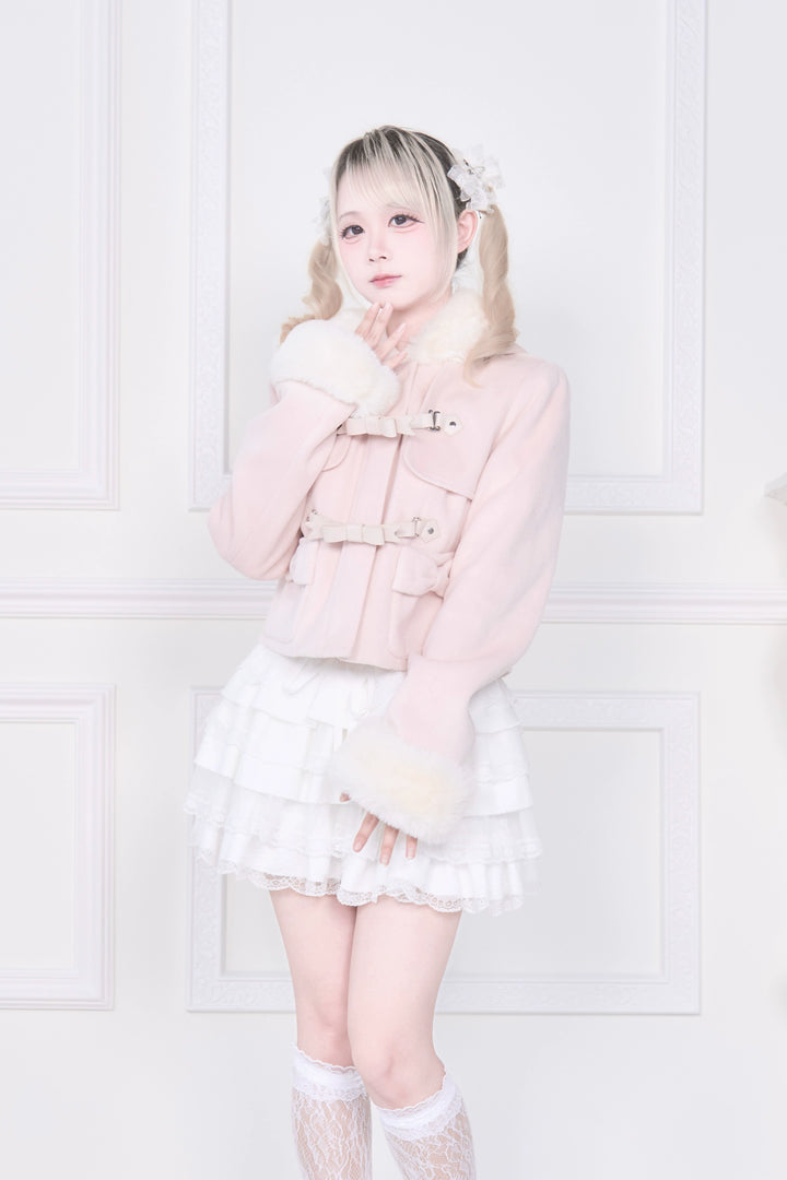 Hooded Rousangata Short Coat, Detachable Plush Cuffs 44116:796398