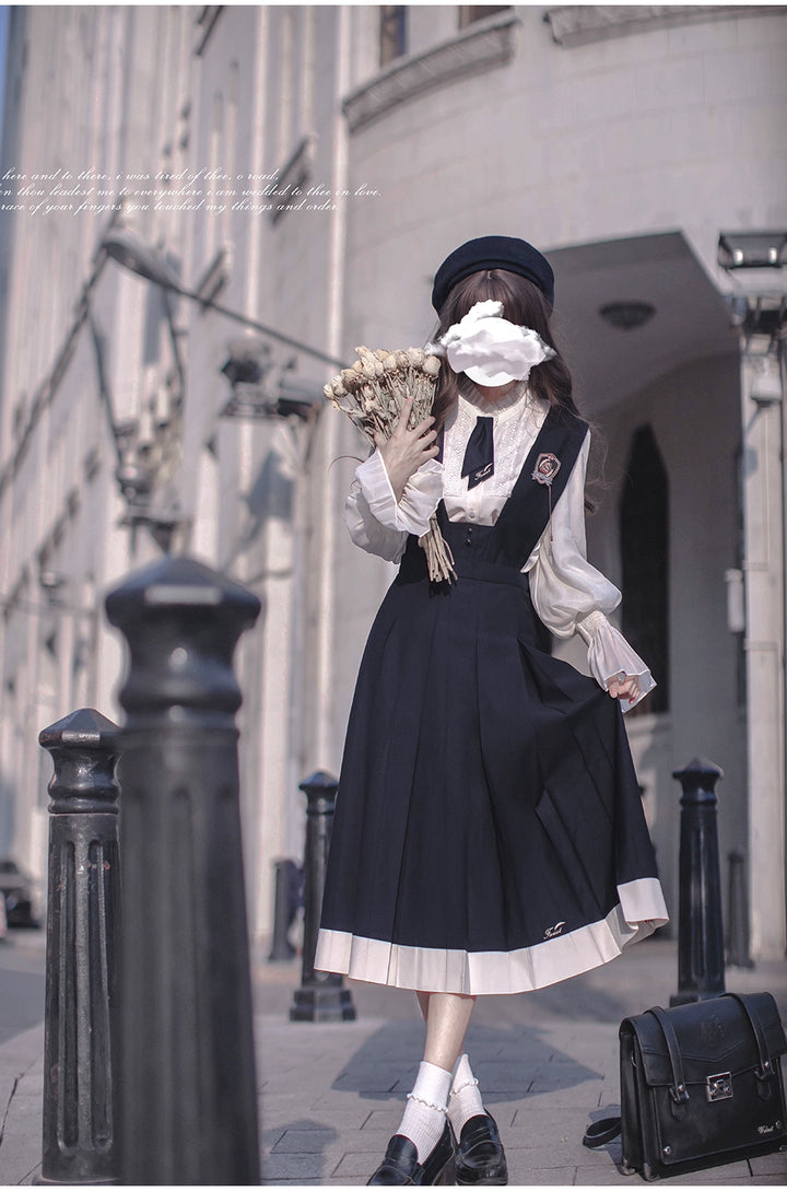 Navy Preppy Style Jumper Dress + Chiffon Blouse 41452:779239