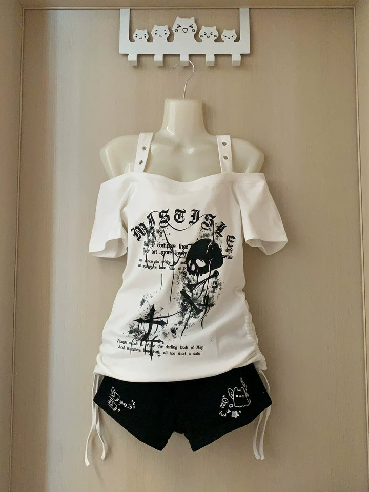Subculture Skull Printed T-Shirt, Side Drawstring 45643:858235
