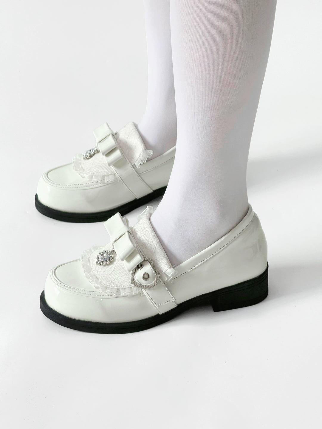Jirai Kei Low-Heel Loafer Shoes, Rhinestones & Bow 43944:790308