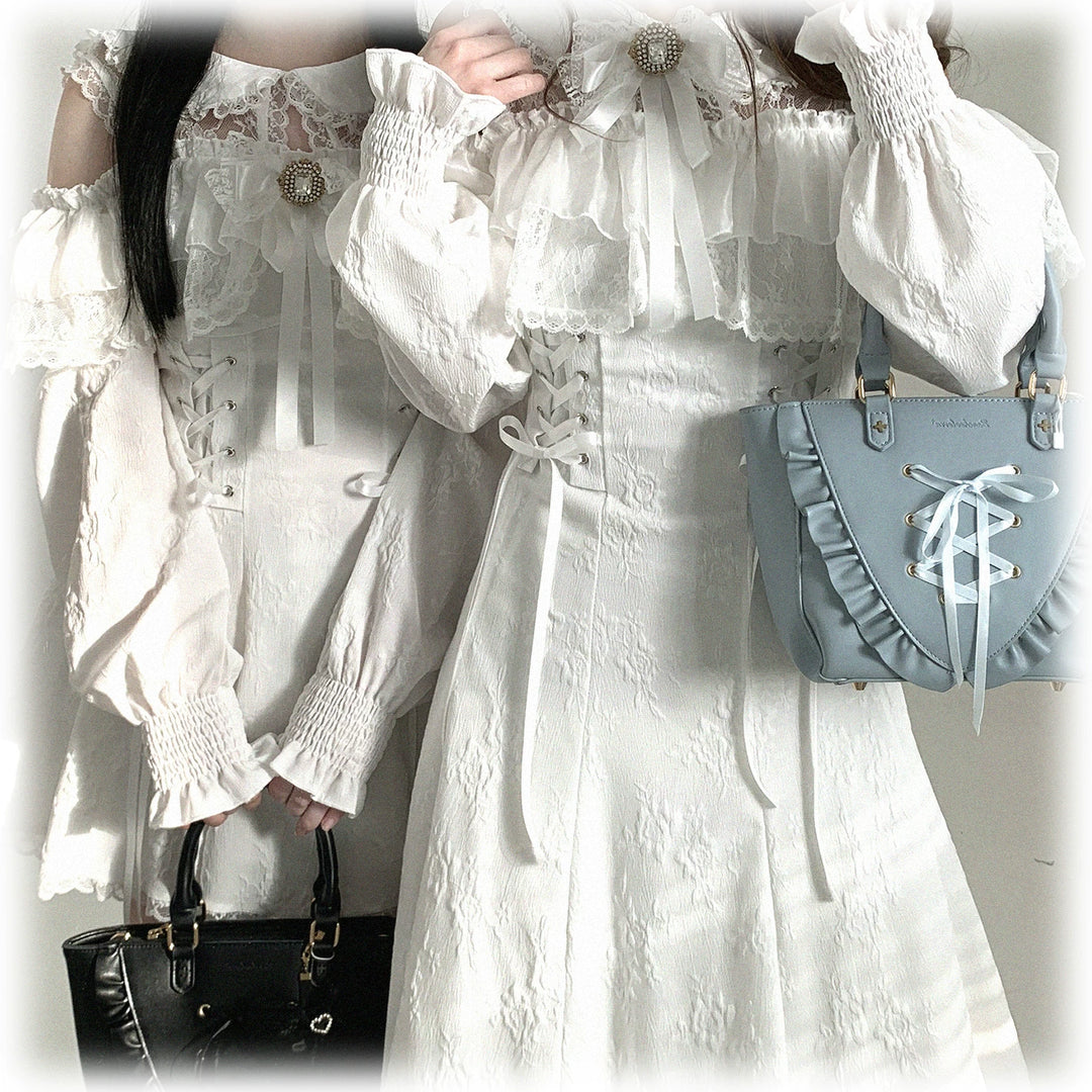 Elegant Long Open-Shoulder Dress, Subtle Floral Pattern 44473:809619