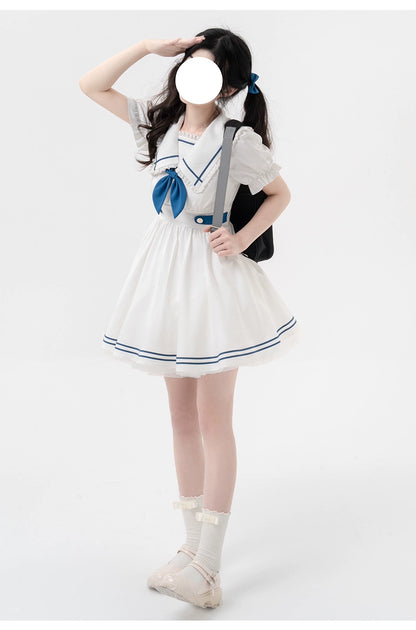 Preppy Dress Sailor Collar Dress White Short Sleeve Dress 36416:574320