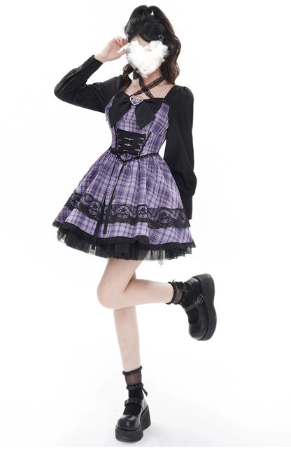 Jirai Kei Dress Puff Sleeves Purple Dress Heart Buckle Dress 36418:570264
