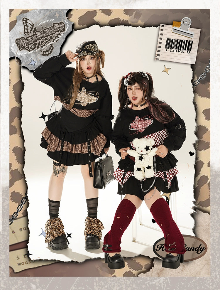 Plus Size Gyaru Outfit Set Leopard Plaid Skirt Set 39400:627788