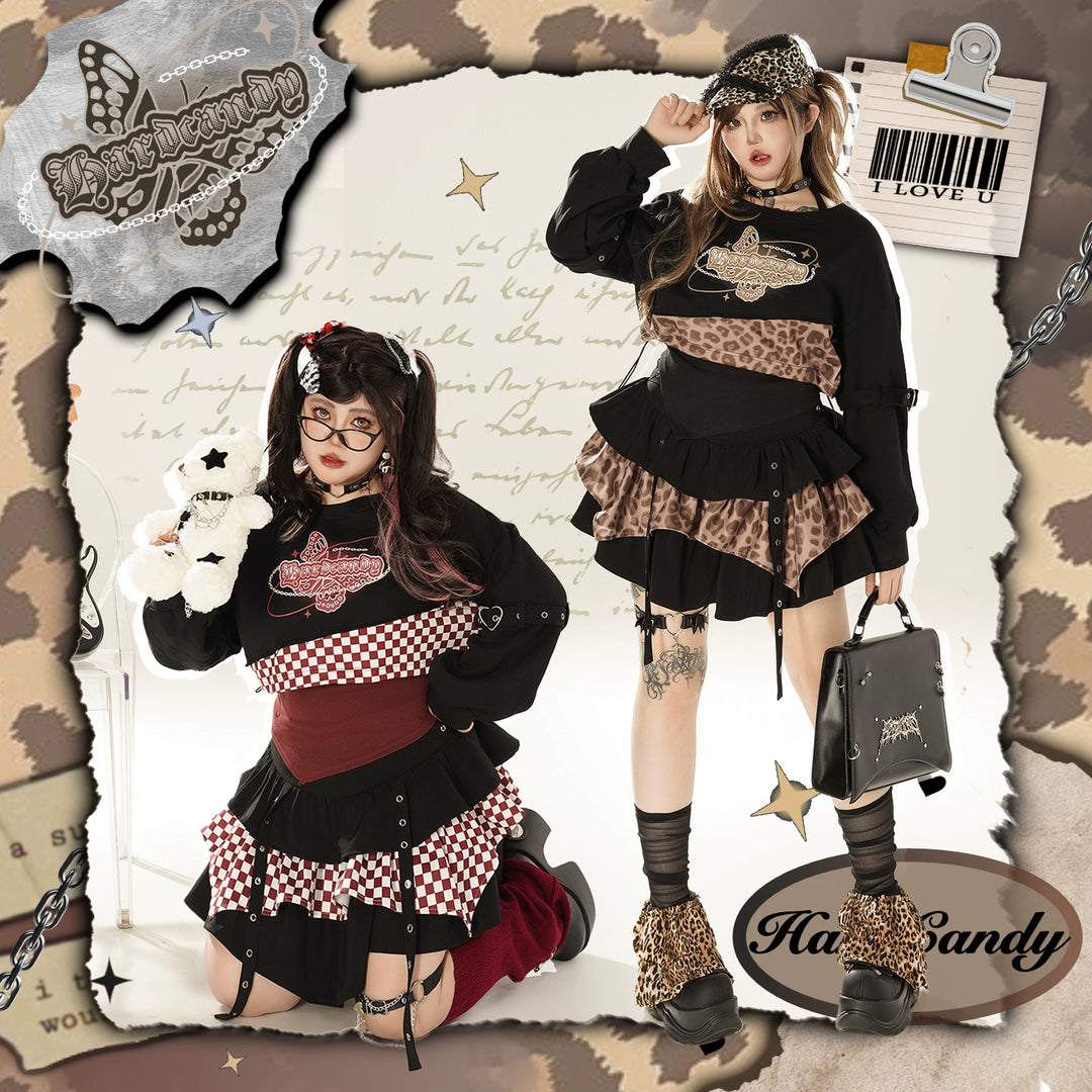 Plus Size Gyaru Outfit Set Leopard Plaid Skirt Set 39400:627812