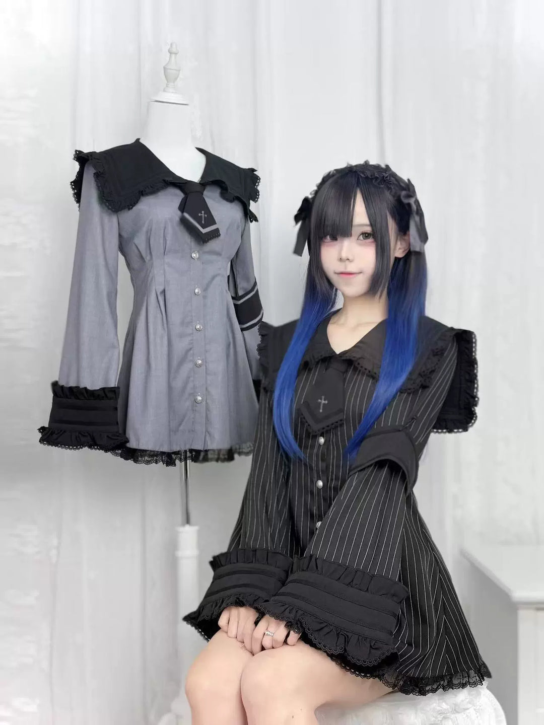 Jirai Kei Dress Set Wide Collar Long-sleeved Dress With Armband 40640:672360