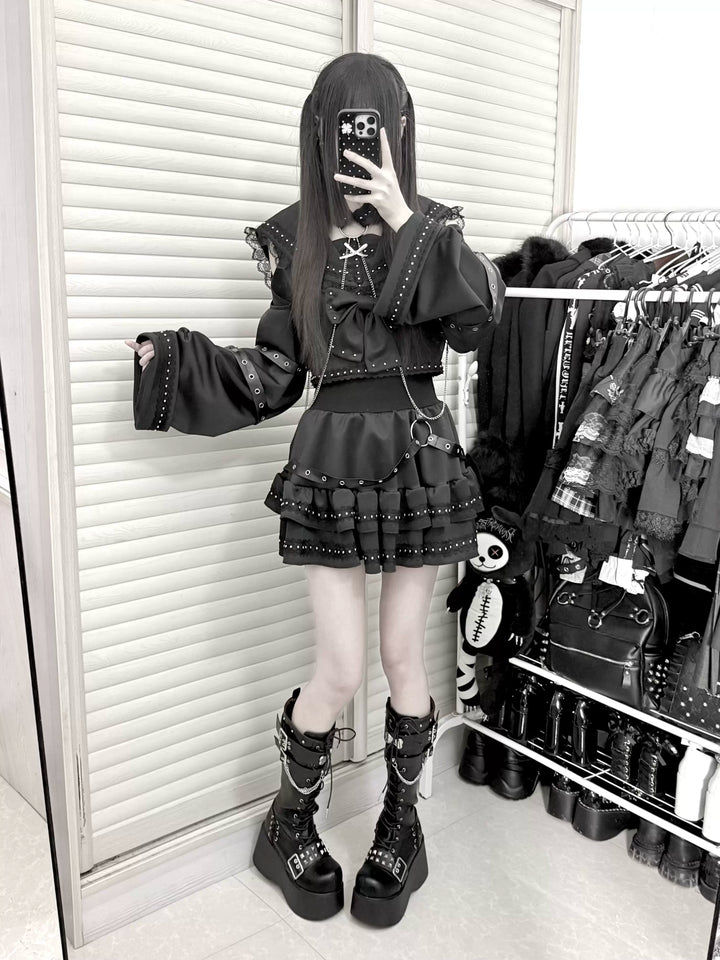 Subculture Black Top & Skirt Set, Snakeskin-Like Style 44771:827676