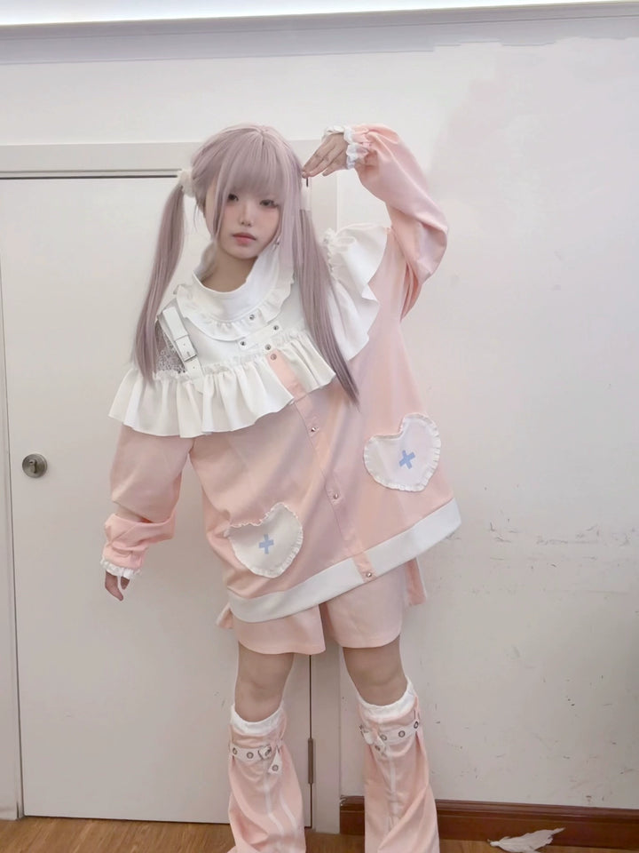 Subculture Pink Open-Shoulder Sweatshirt + Pocketed Shorts (M S) 43781:785564