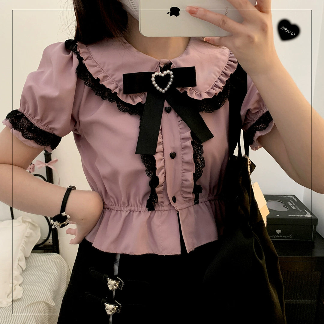 Jirai Kei Shirt Sweet Lace Blouse Short Sleeve Peter Pan Collar 35260:536022 35260:536022