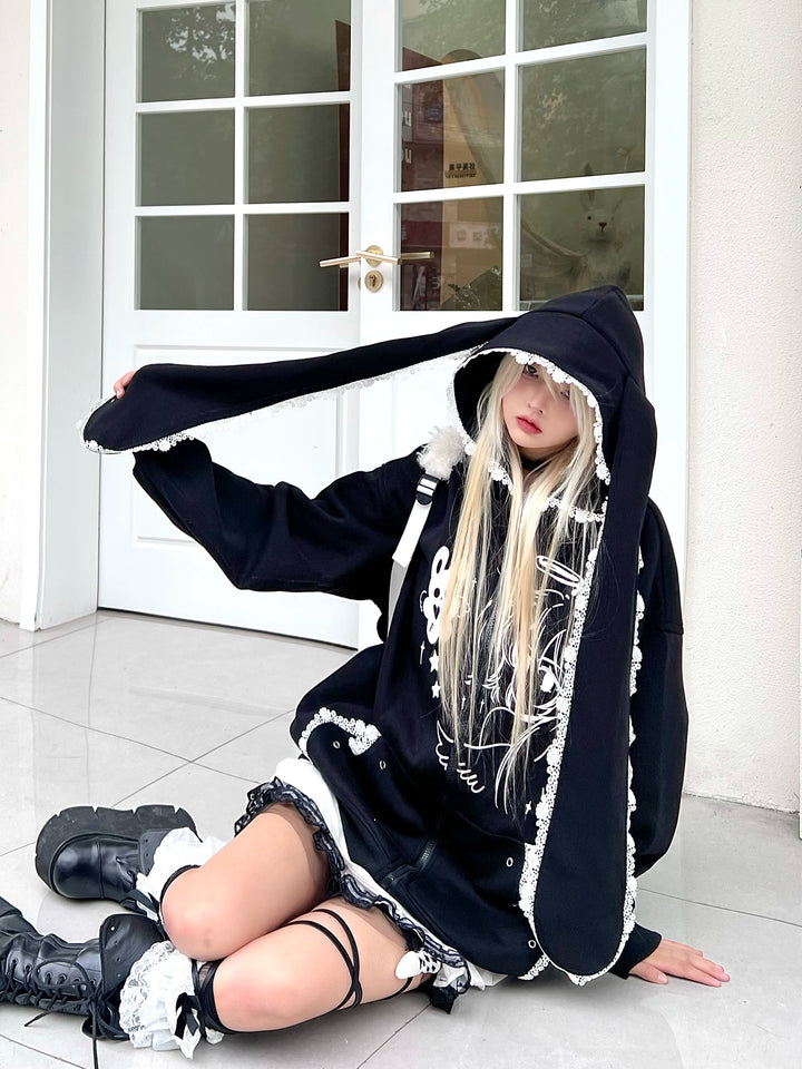 Jirai Kei Coat Bunny Ears Hoodie Lace Rivet Winter Coat 32412:415568