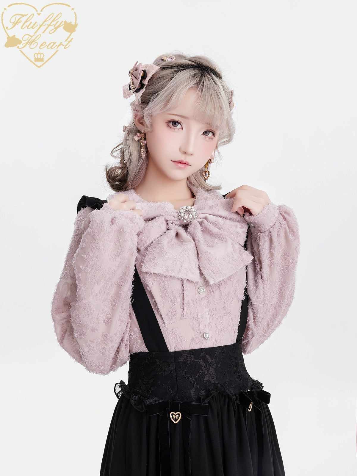 Jirai Kei Blouse White Pink Lace Chiffon Pearl Long Sleeve Shirt 33754:443436