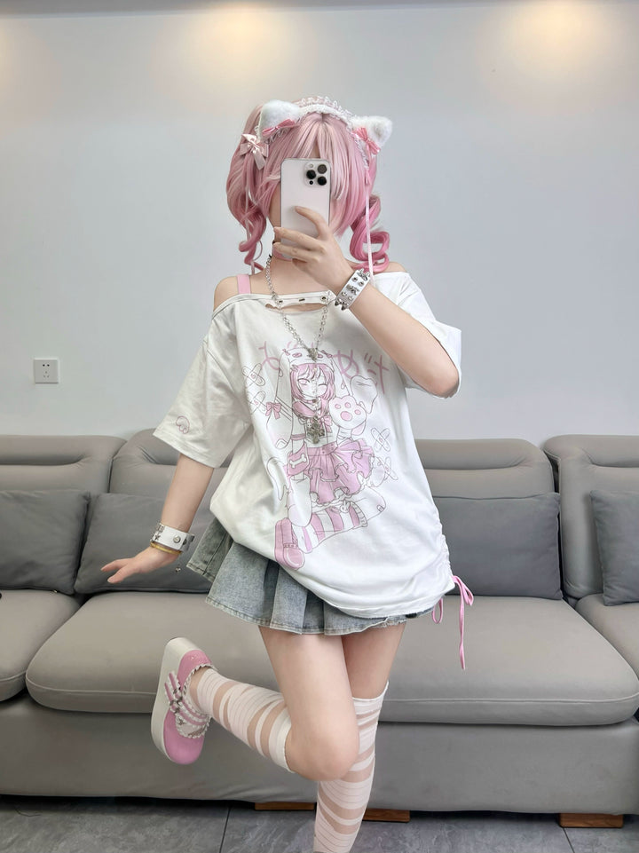 Y2K T-shirt Anime Print Subculture Off-shoulder Shirt 38524:592500