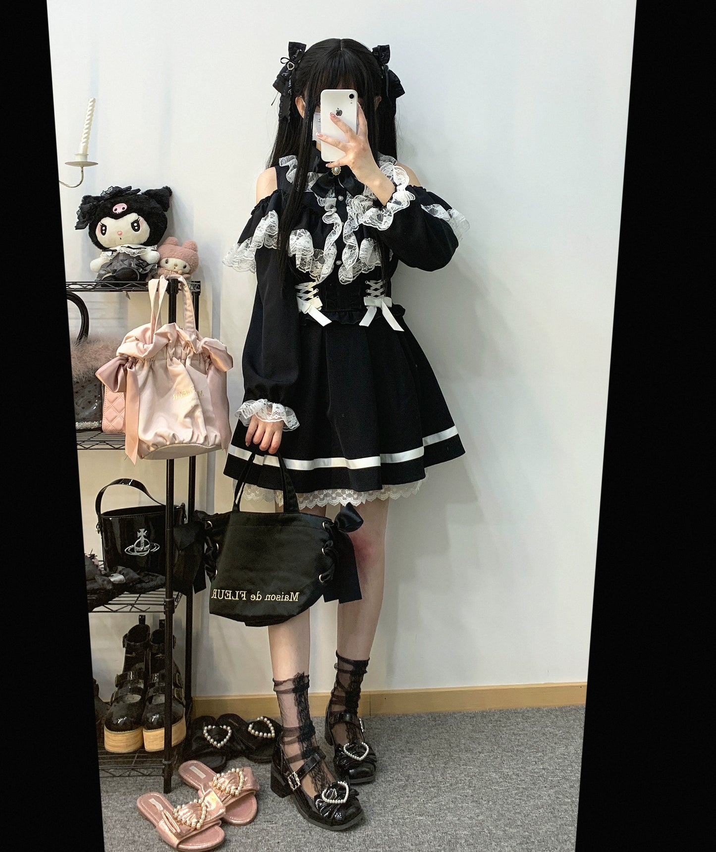 Jirai Kei Skirt High Waist Lace Up Skirt With Bow Tie 31860:396678