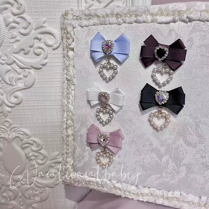 Jirai Kei Lolita Rhinestone Pearl Heart Silver Earrings Clips 21748:702494