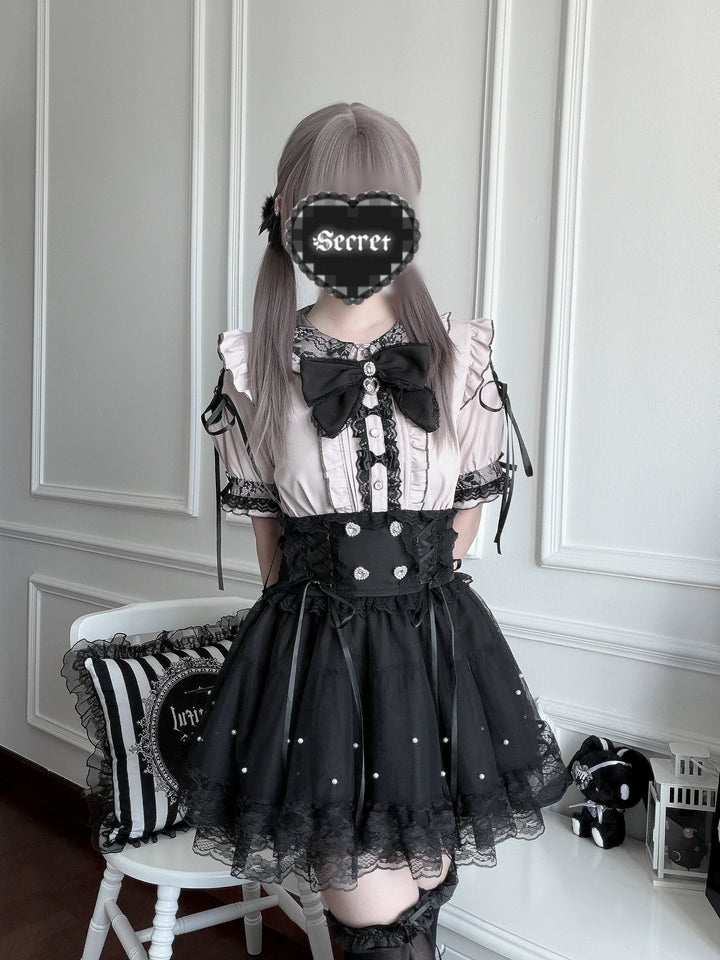 Jirai Kei Lace Collar Blouse, Pearl-decorated Skirt (L M S) 45869:867395