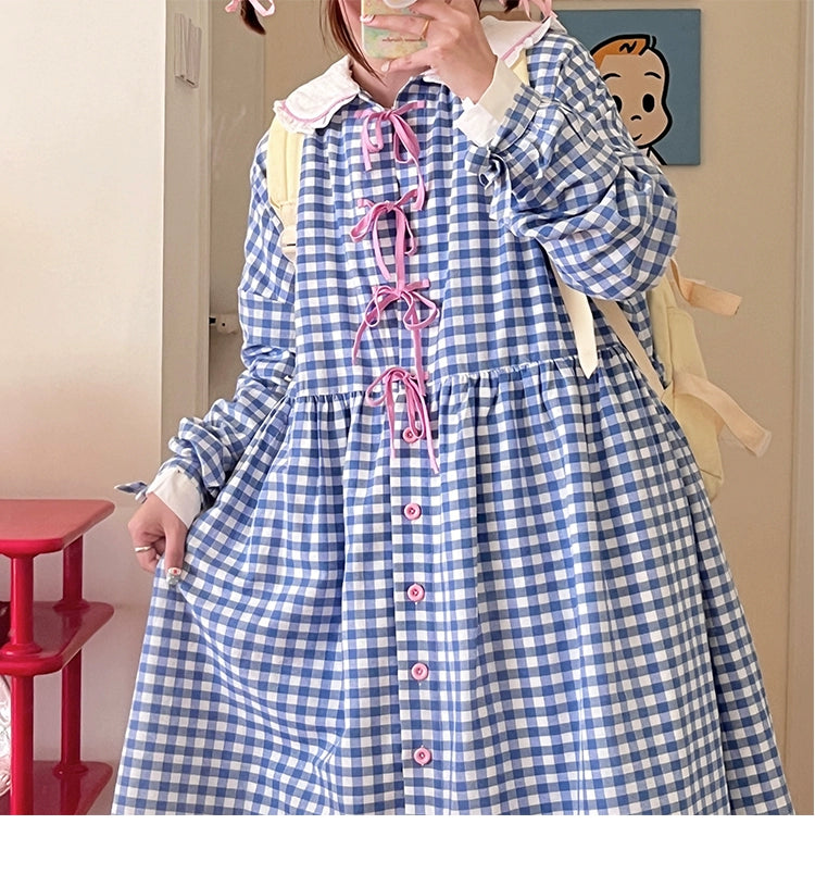 Oversized Mory Kei Dress Plaid Long Sleeve Dress Sweet Dress 36168:517306
