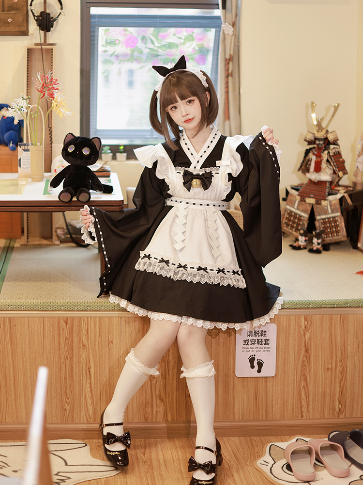 Kawaii Black Maid Blouse Flutter Sleeve Apron Suspender Skirt Set 42282:735158