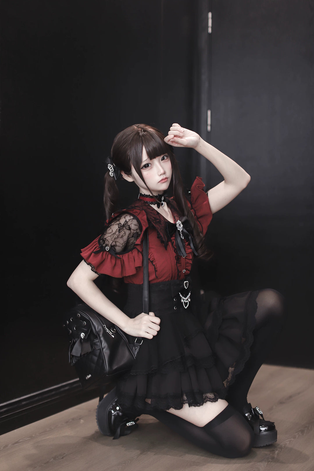 Jirai Kei Lace Sleeve Blouse, Ruffle Details 45194:841390