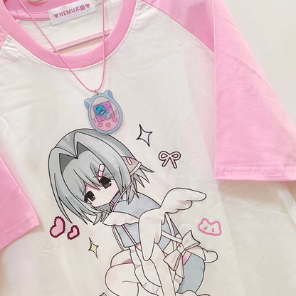 Jirai Kei Shirt Pink Raglan Sleeve Anime Top (L M / Pink) 37998:577958