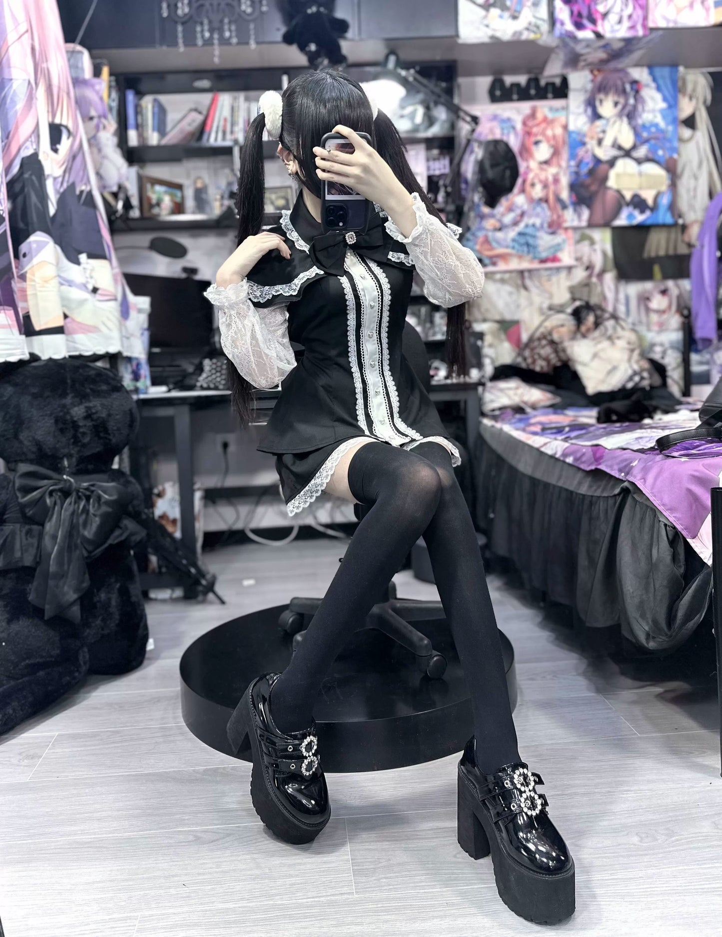 Jirai Kei Dress Set Lace Sleeve Black Cape Outfit Sets 37456:561380