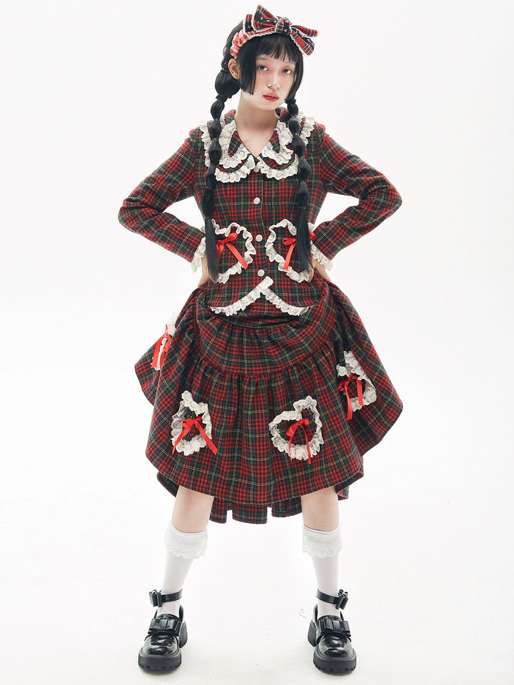 Retro Lolita Skirt Showa Christmas Winter Red Plaid Skirt 40316:662966