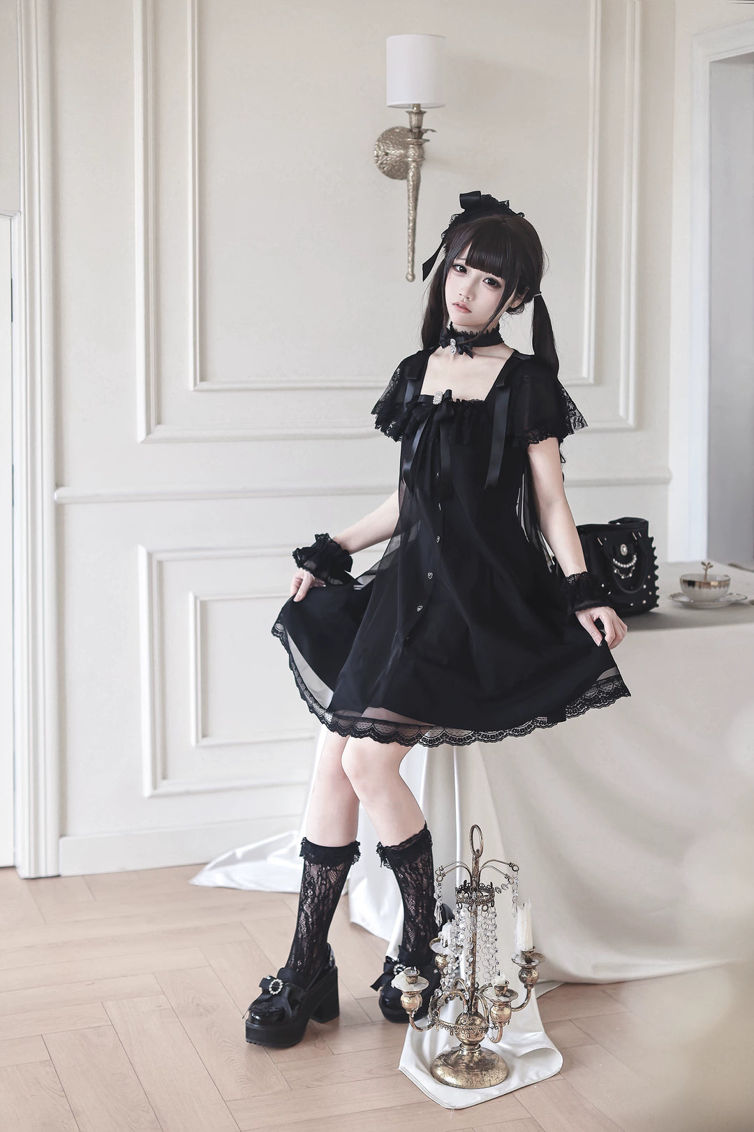Jirai Kei Tulle Overlay Dress, Square Neckline 45558:855533