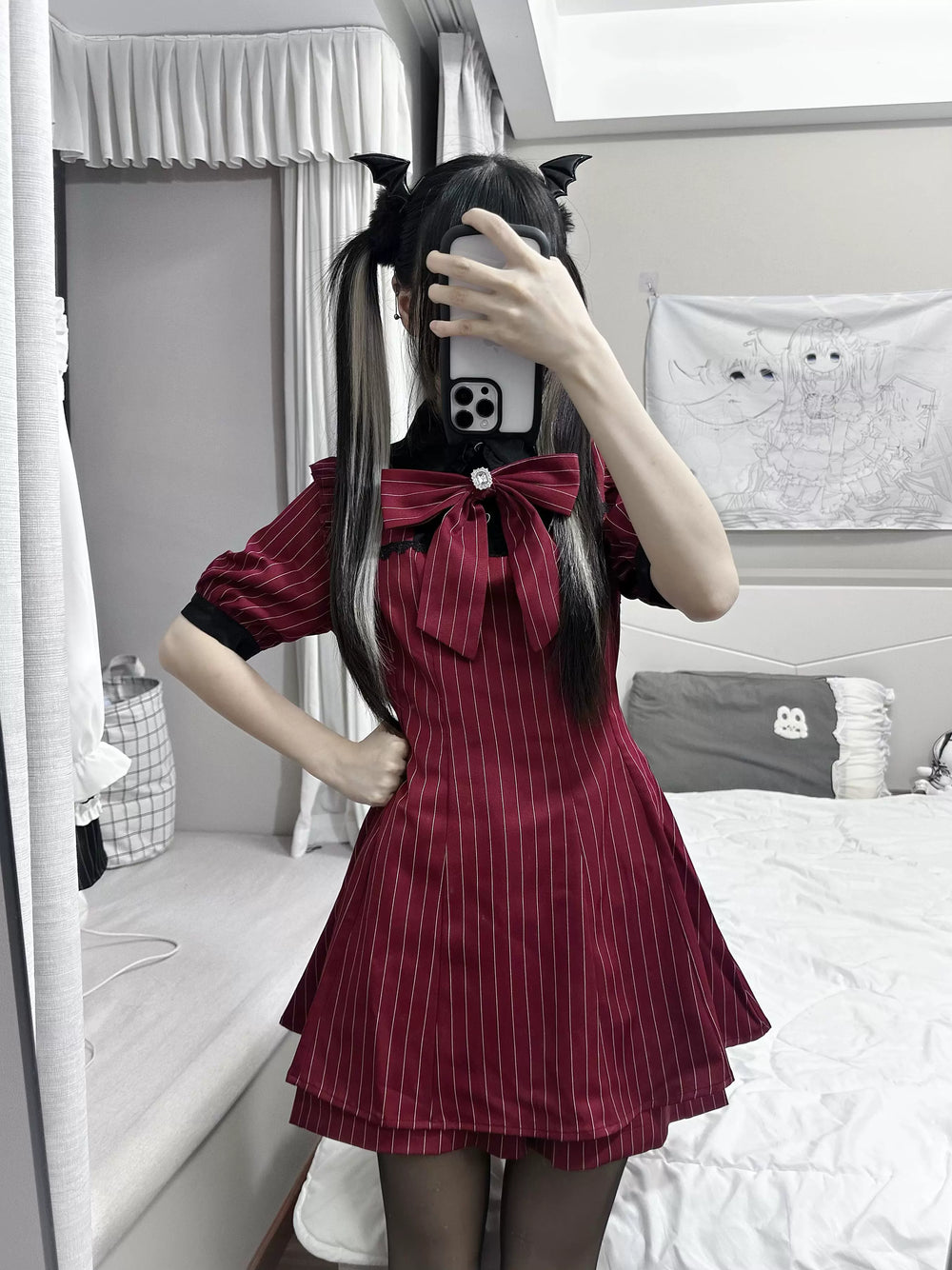 Burgundy Jirai Kei Striped Dress, Rhinestone Bow Tie 45805:863884