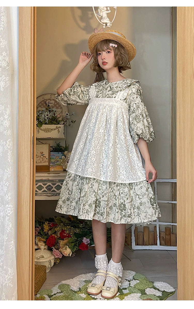 Mori Kei Dress Bubble Sleeve Vintage Green Floral Dress 36552:531236