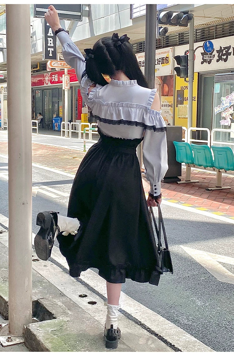 Jirai Kei Blue Long Sleeve Blouse Black Skirt 29514:353406