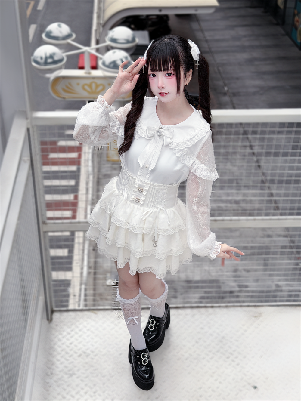 Ryousangata White Lace Blouse & High Waist Skirt 45579:853620
