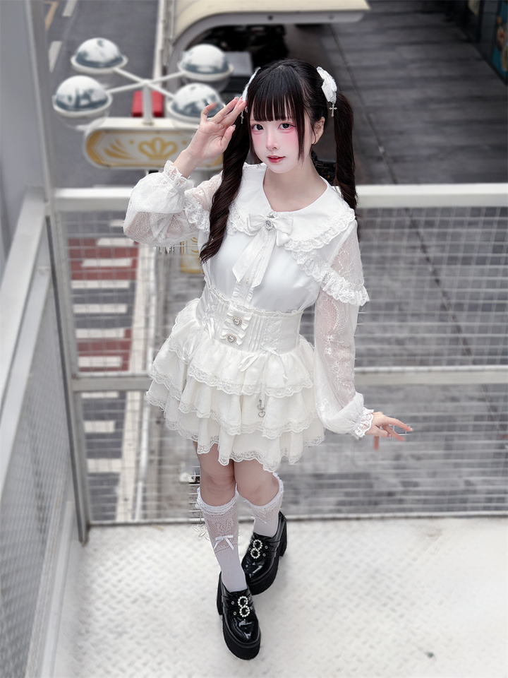 Ryousangata White Lace Blouse & High Waist Skirt 45579:853620