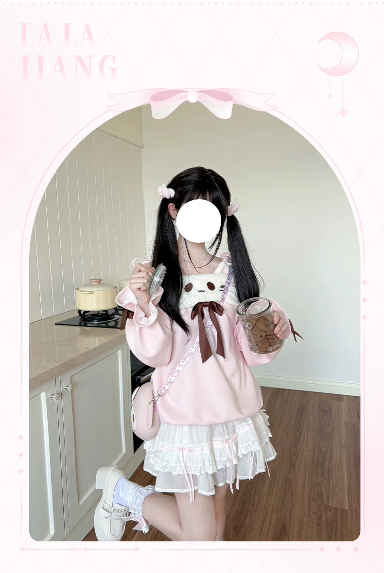 Off-Shoulder Kawaii Sweatshirt & Tiered Ruffle Skirt 43776:785333
