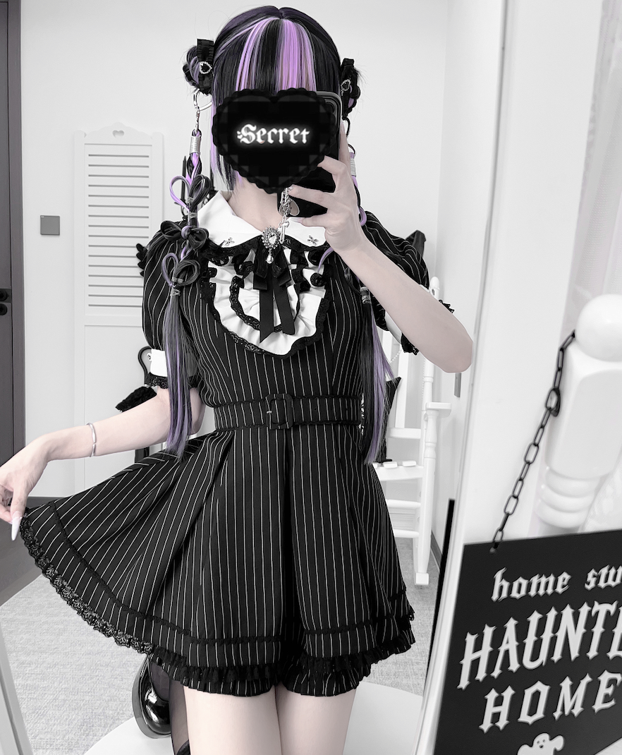 Maid Style Jirai Kei Dress Set, Pocketed Shorts + Apron (L M S XL) 43439:778412