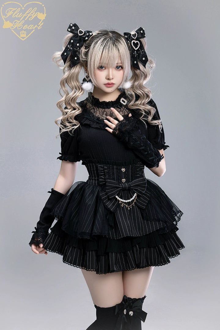 Striped High Waist Jirai Kei Skirt, Detachable Bow 43679:785975