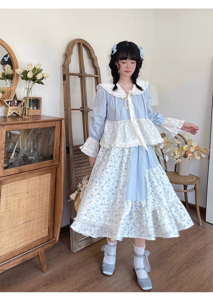 Mori Kei Skirt Patchwork Floral Skirt High Waist Cotton Skirt 36558:531076