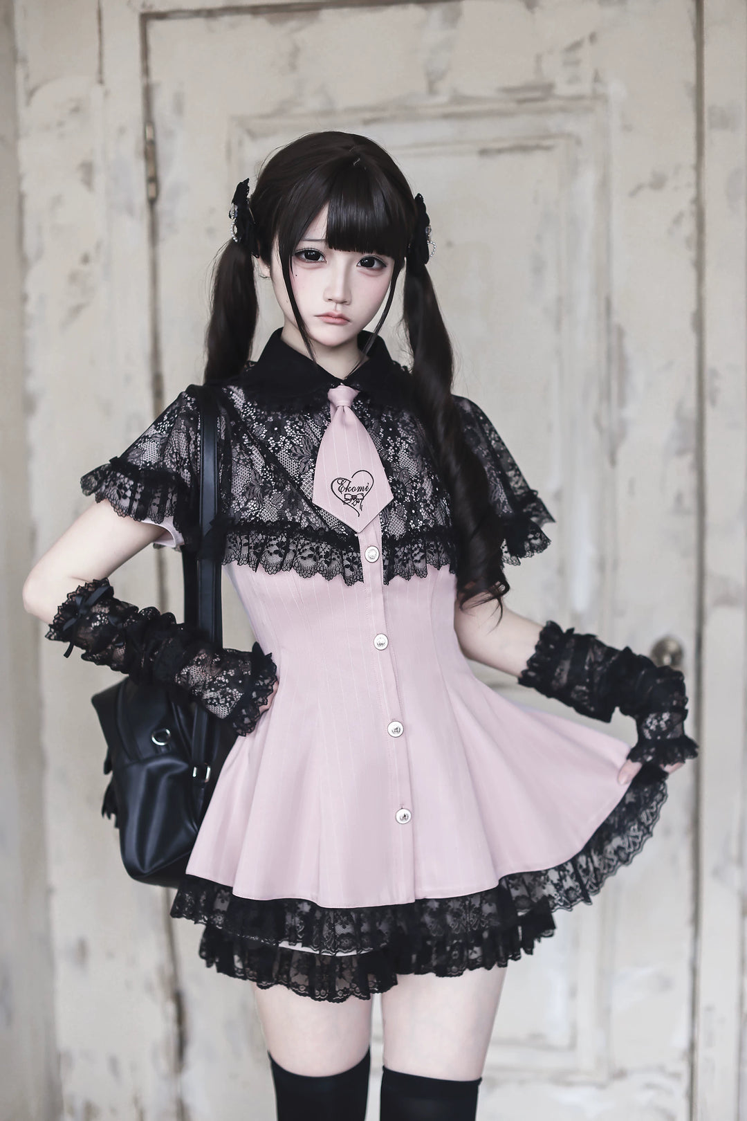 Pink Ryousangata Striped Dress, Lace Neckline and Hem Dress (with tie and shorts) Only / S