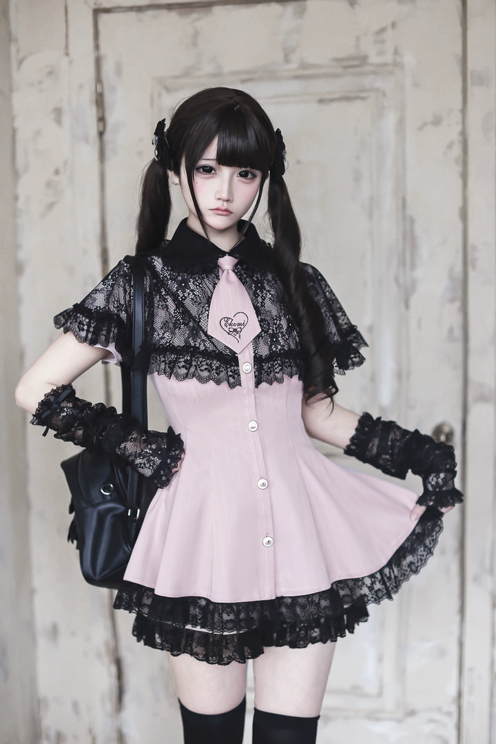 Pink Ryousangata Striped Dress, Lace Neckline and Hem 45453:854906