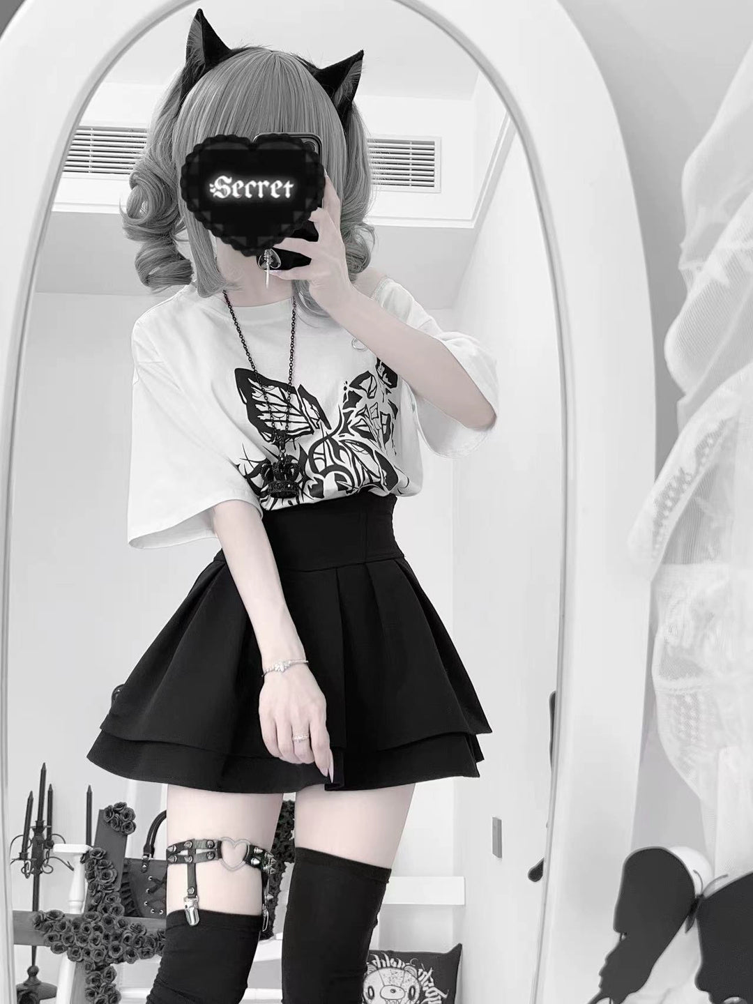 Cotton Gothic Butterfly Print T-Shirt, Zipper Shoulder 43653:782340
