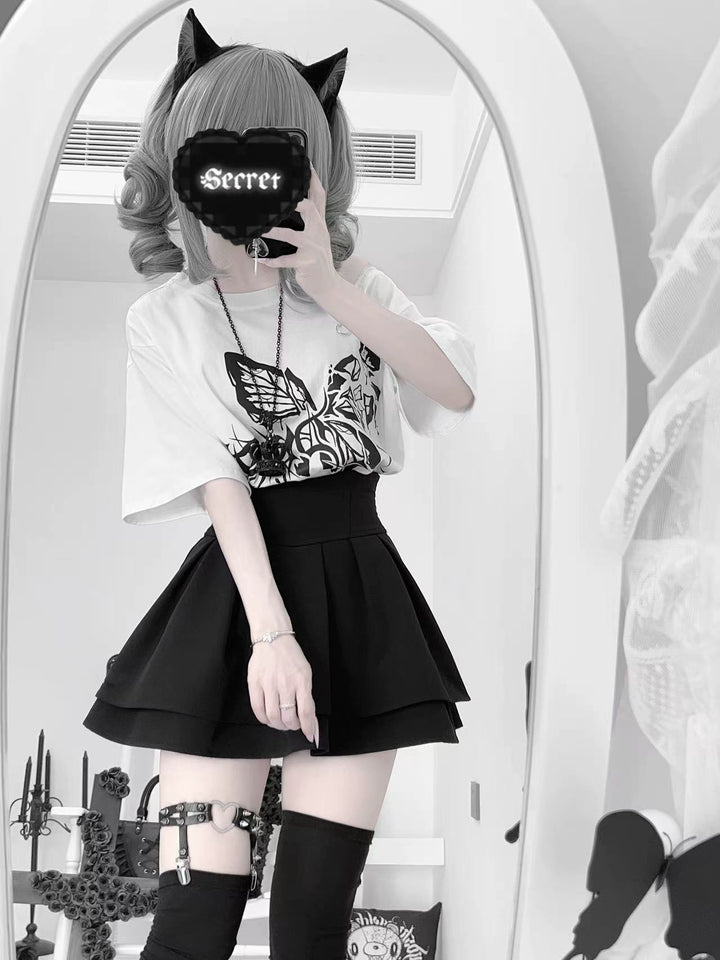 Cotton Gothic Butterfly Print T-Shirt, Zipper Shoulder 43653:782340