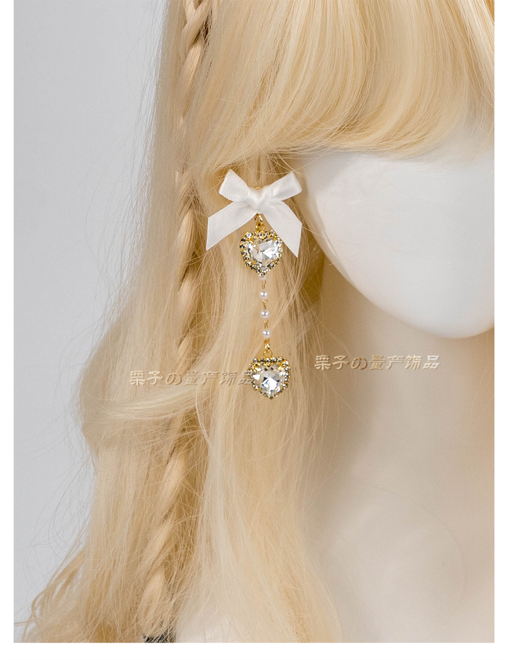 Jirai Kei Earrings Rhinestone Bow Pearl Chain Ear Clip 39658:647754